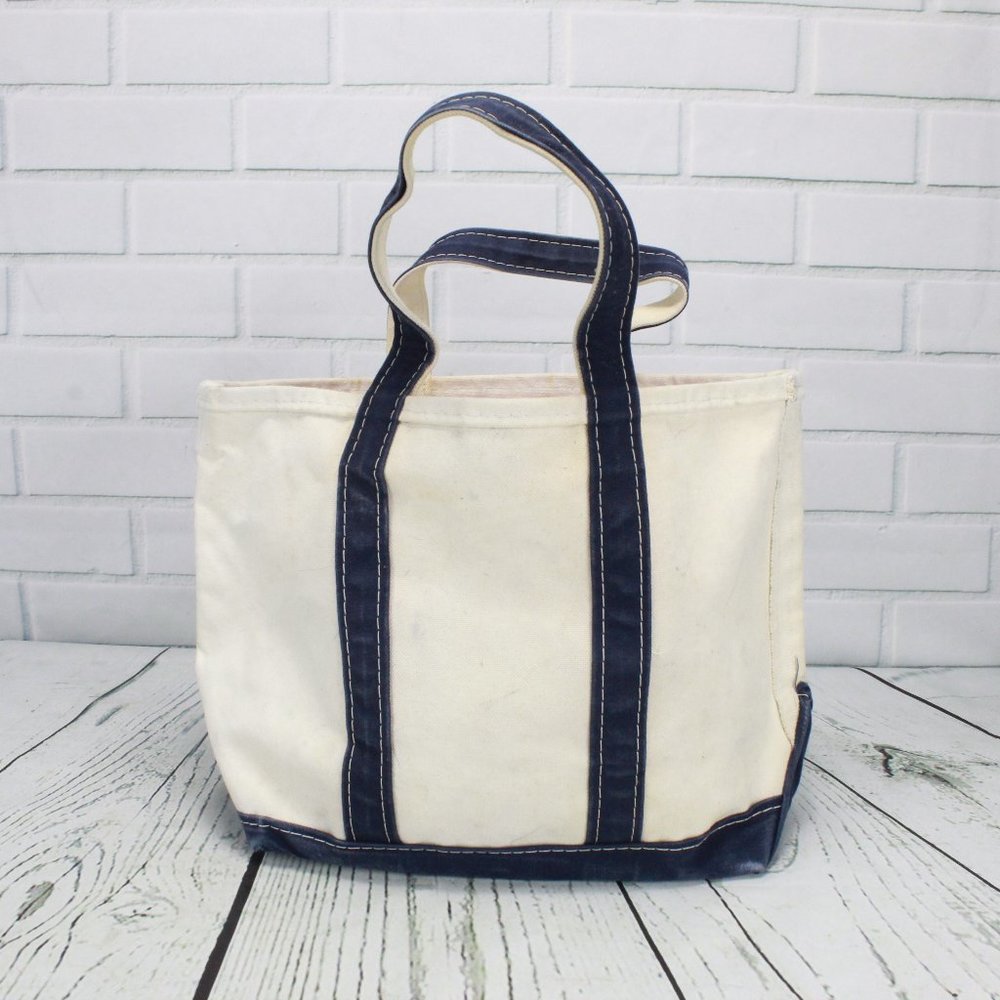 LL Bean Cream Navy Women's Cotton Canvas Hand Bag - Picture 1 of 8